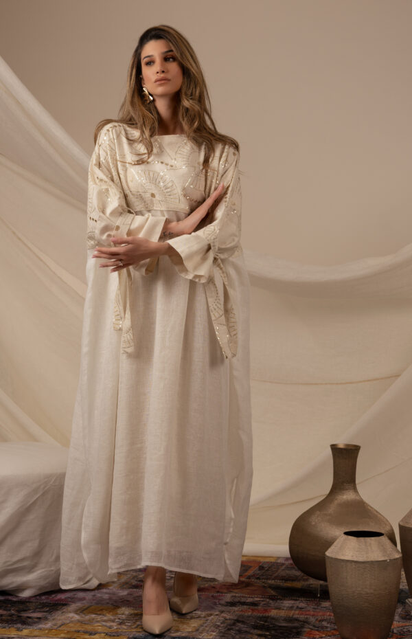 Linen Beige Kaftan with Golden Zeej