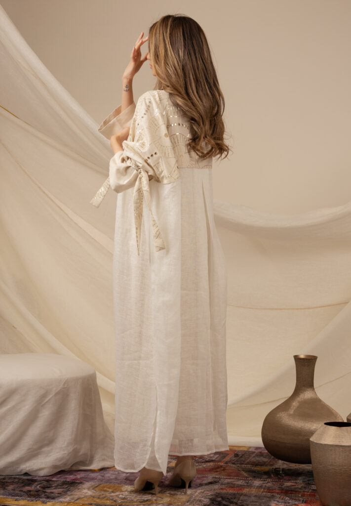 Linen Beige Kaftan with Golden Zeej