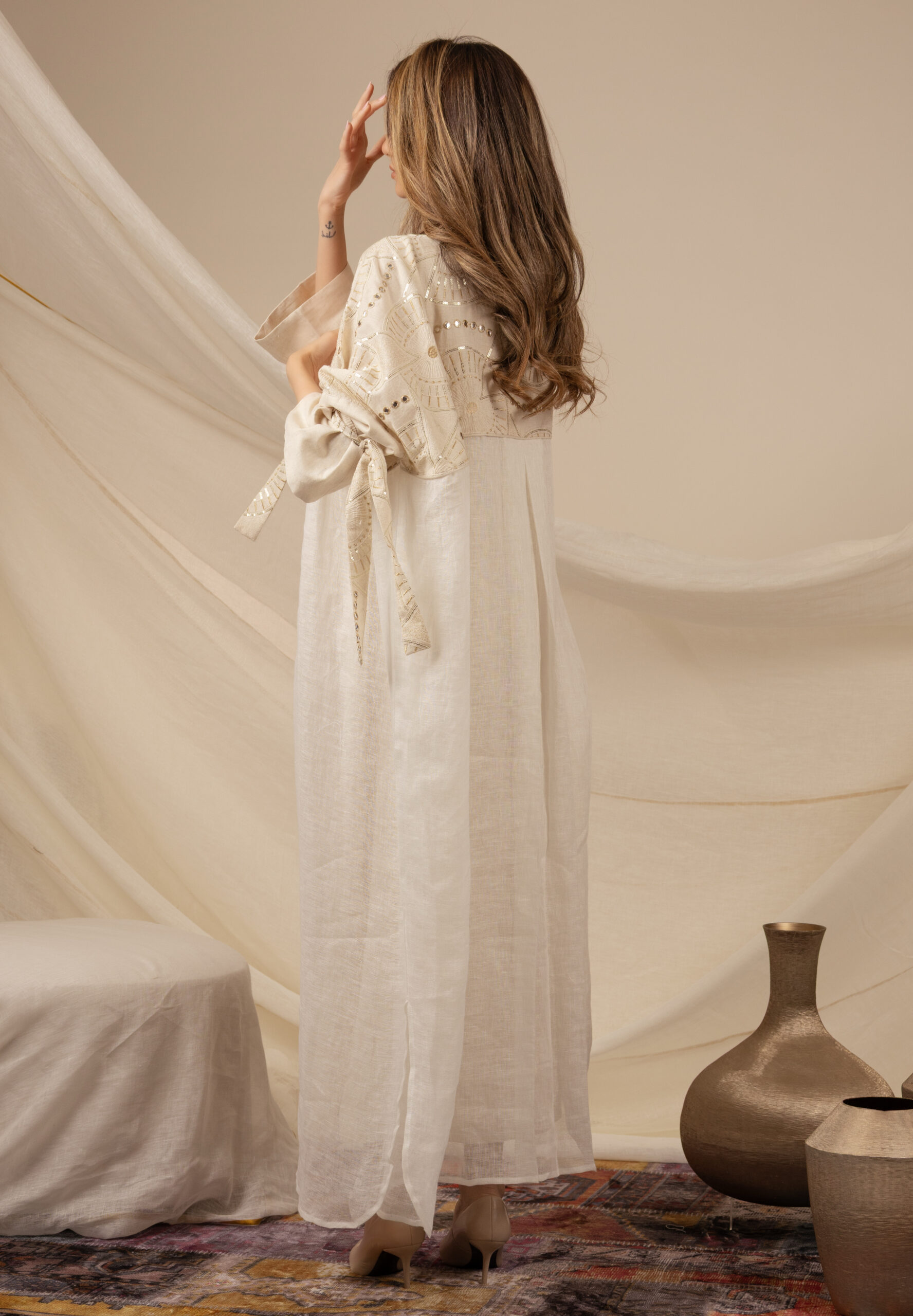 Linen Beige Kaftan with Golden Zeej - Image 6