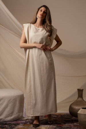 Sleeveless Beige Linen Dress - Image 2