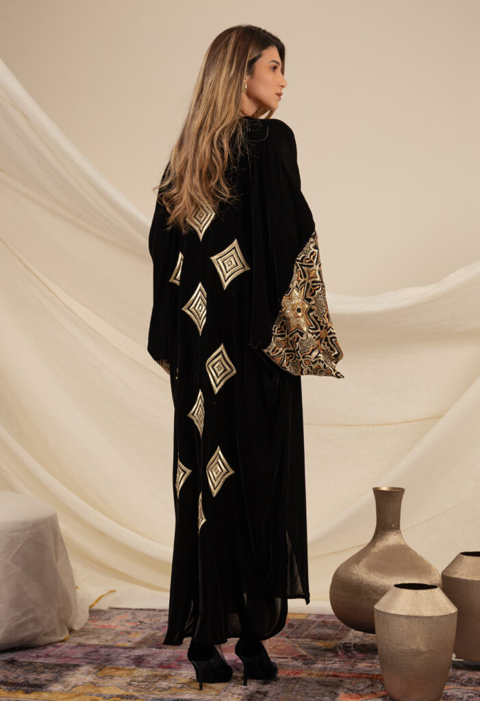 Black Silk Velvet Kaftan with Diamond Embroidery