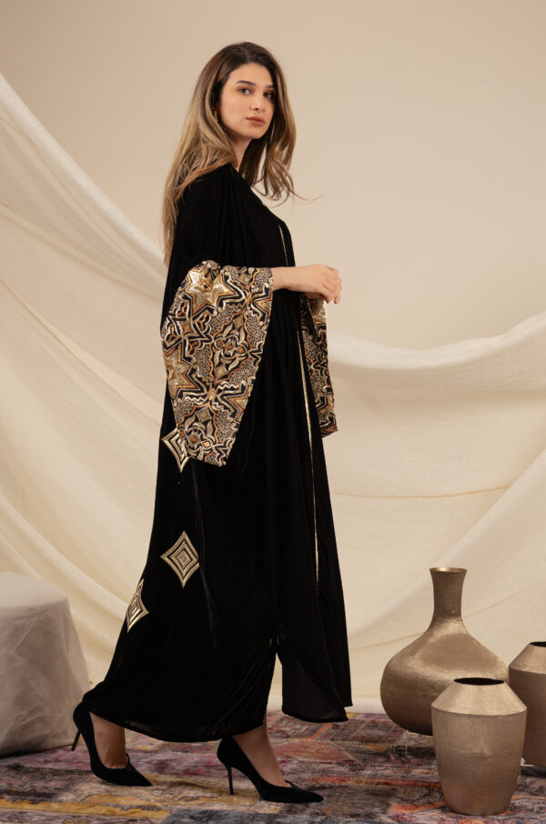 Black Silk Velvet Kaftan with Diamond Embroidery