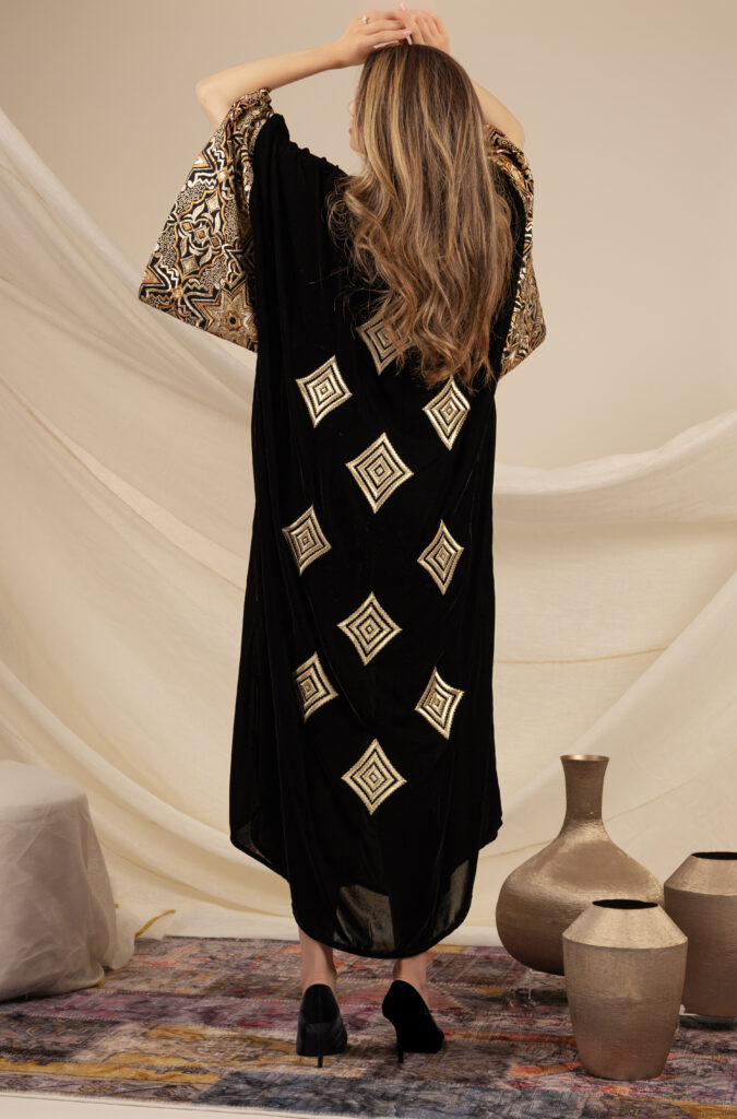 Black Silk Velvet Kaftan with Diamond Embroidery