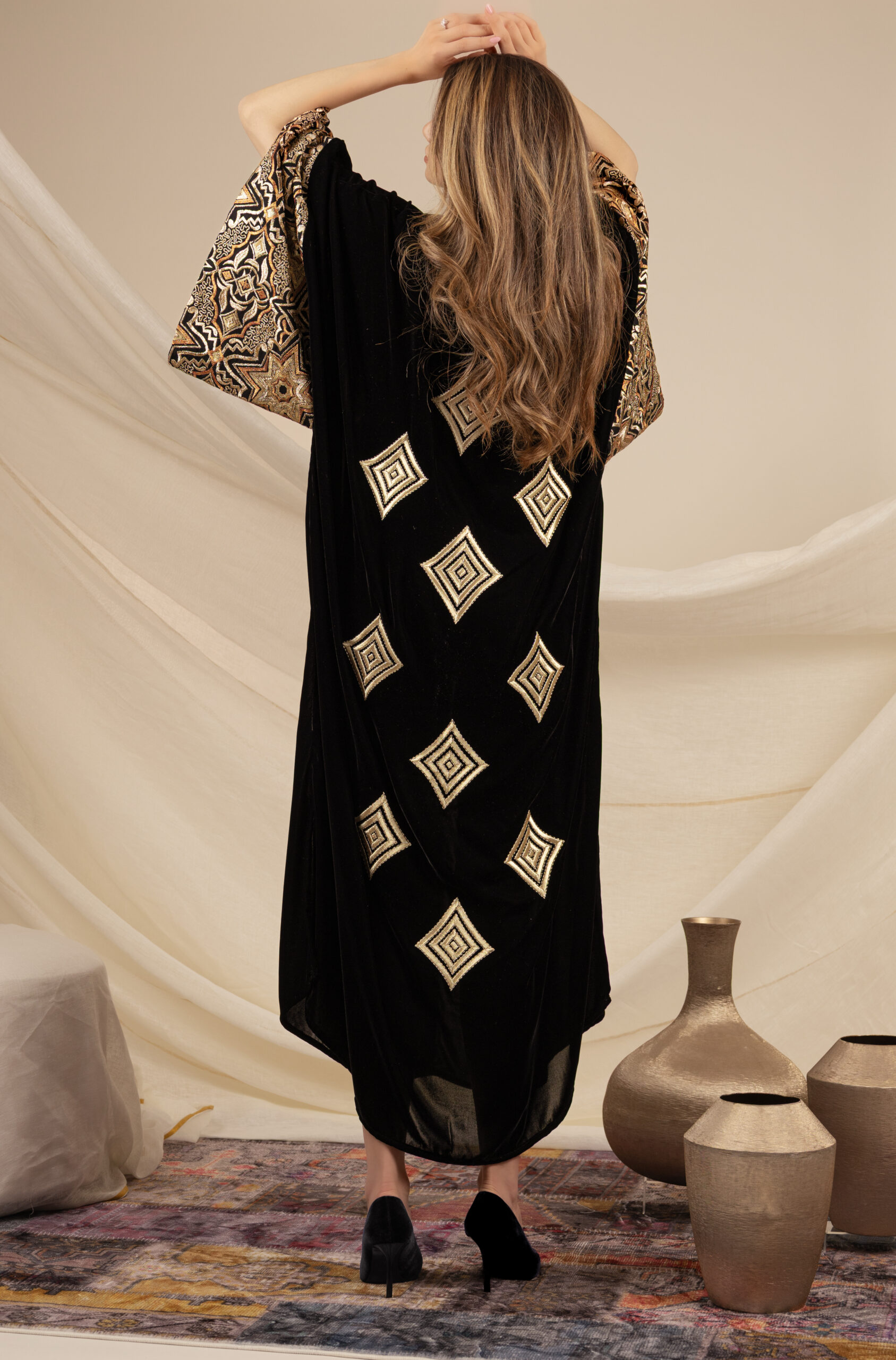 Black Silk Velvet Kaftan with Diamond Embroidery - Image 7