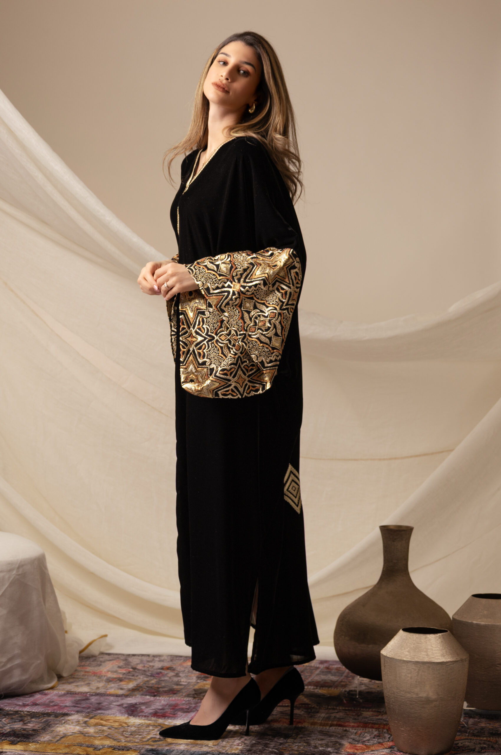 Black Silk Velvet Kaftan with Diamond Embroidery - Image 3