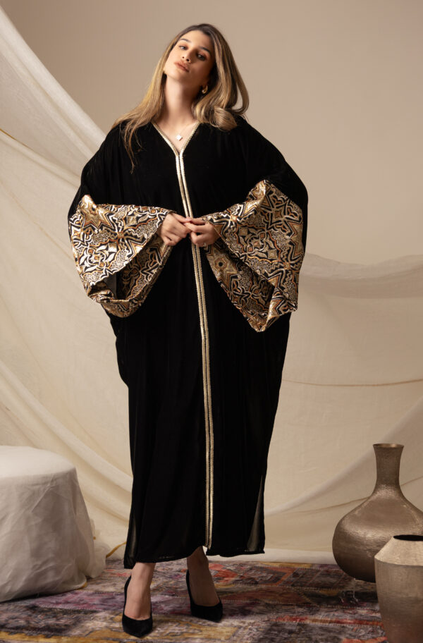 Black Silk Velvet Kaftan with Diamond Embroidery
