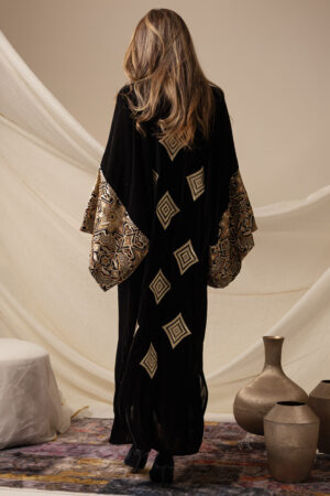 Black Silk Velvet Kaftan with Diamond Embroidery - Image 6