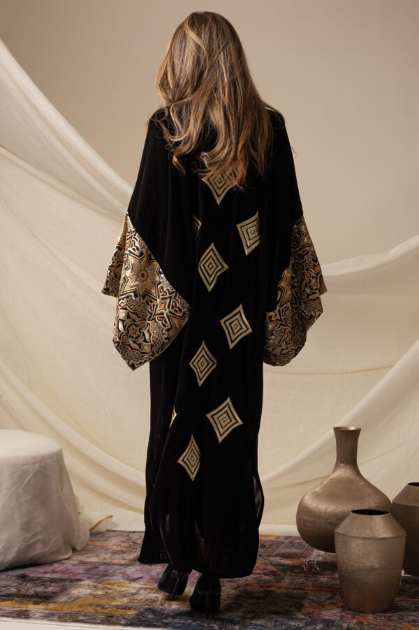 Black Silk Velvet Kaftan with Diamond Embroidery