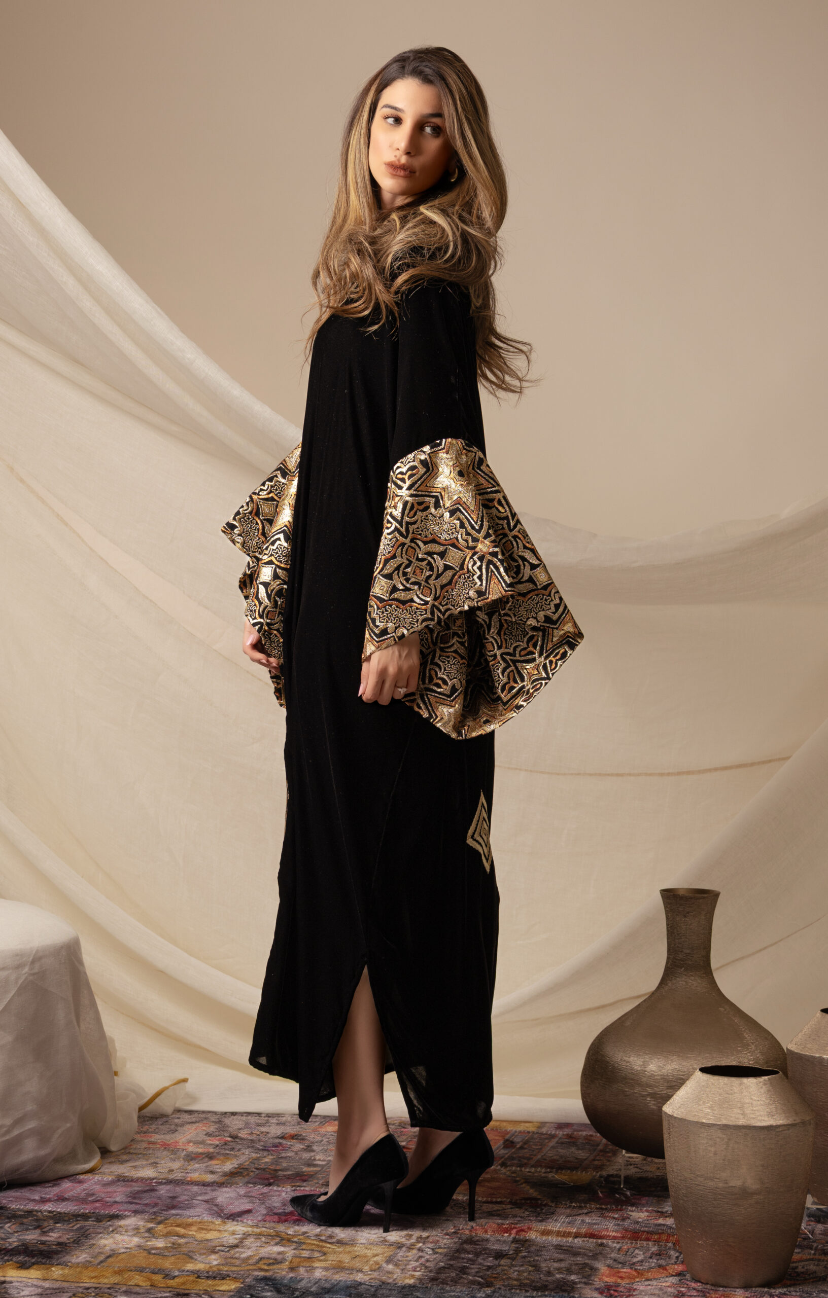 Black Silk Velvet Kaftan with Diamond Embroidery - Image 1