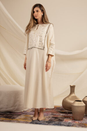 Beige Kaftan with Green Zeej - Image 2