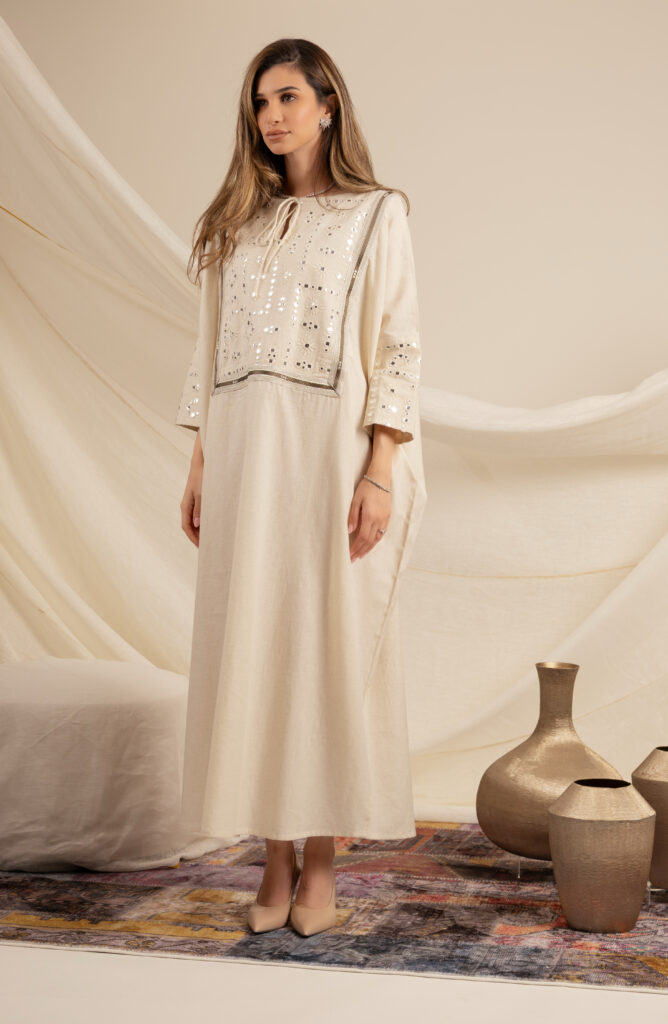 Beige Kaftan with Green Zeej
