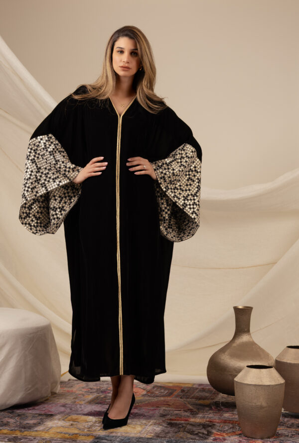Black Silk Velvet Kaftan with Triangles Embroidery