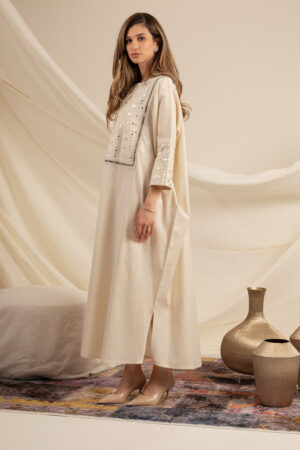 Beige Kaftan with Green Zeej - Image 3