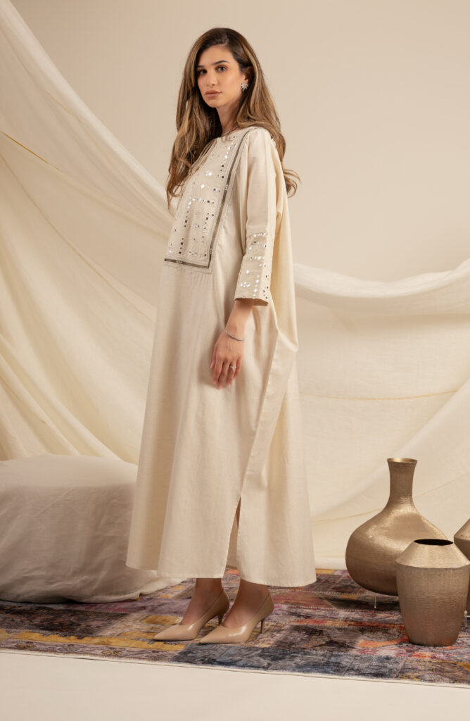 Beige Kaftan with Green Zeej