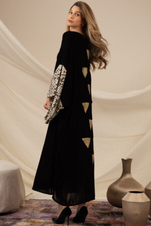 Black Silk Velvet Kaftan with Triangles Embroidery