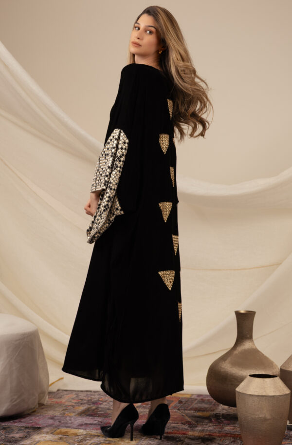 Black Silk Velvet Kaftan with Triangles Embroidery