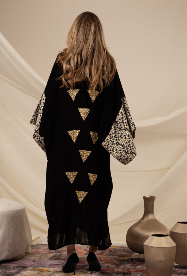 Black Silk Velvet Kaftan with Triangles Embroidery