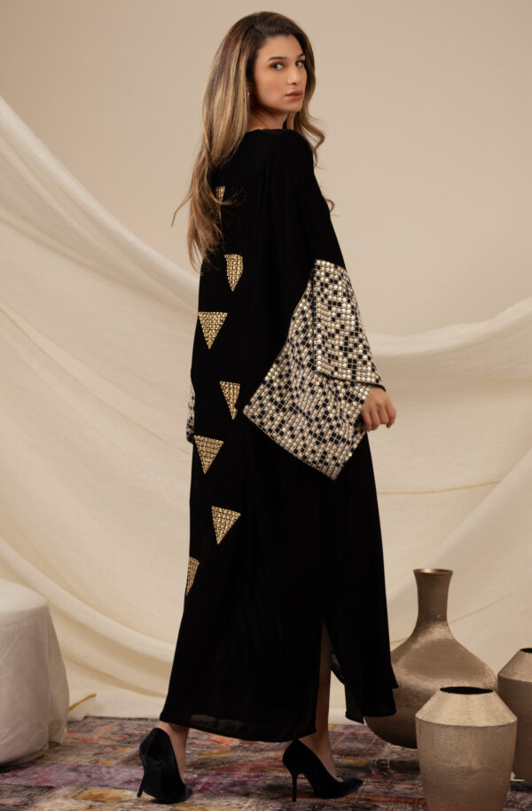 Black Silk Velvet Kaftan with Triangles Embroidery