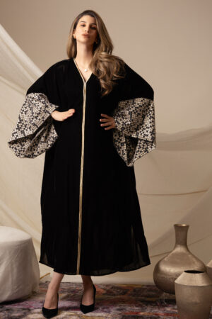 Black Silk Velvet Kaftan with Triangles Embroidery - Image 5