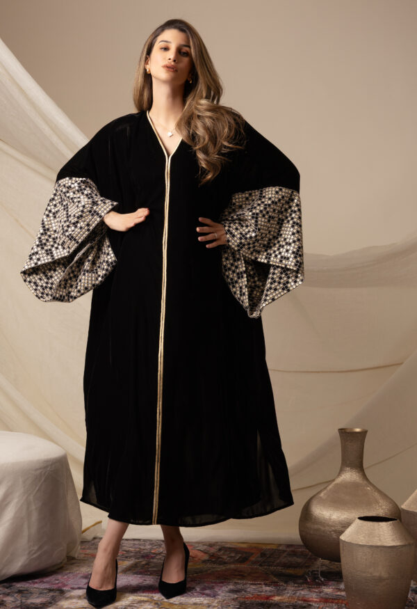 Black Silk Velvet Kaftan with Triangles Embroidery