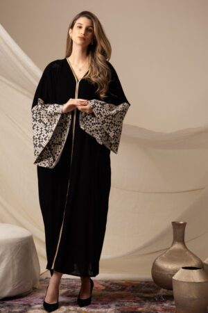 Black Silk Velvet Kaftan with Triangles Embroidery - Image 6