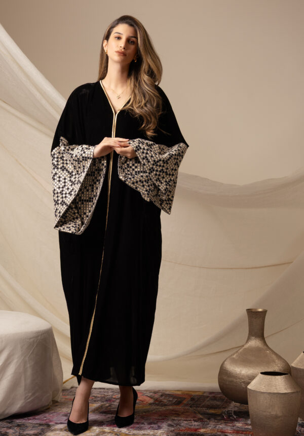 Black Silk Velvet Kaftan with Triangles Embroidery