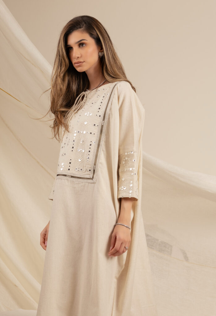 Beige Kaftan with Green Zeej