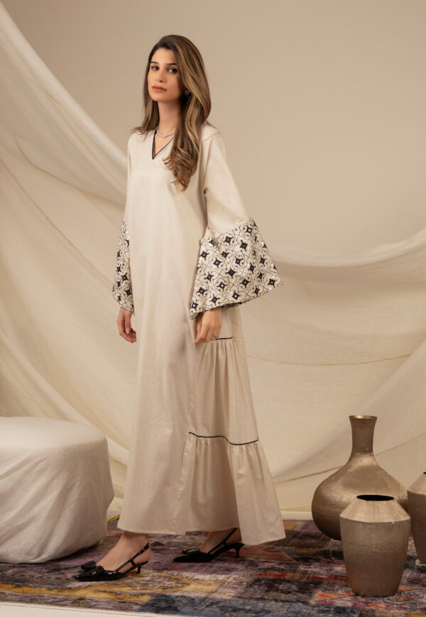 Linen Beige Kaftan with Black Zeej Sleeve