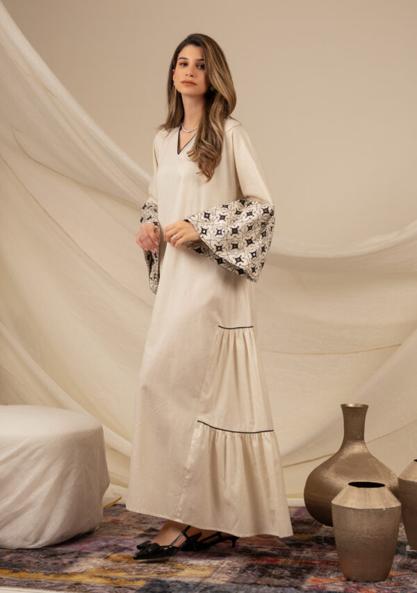 Linen Beige Kaftan with Black Zeej Sleeve