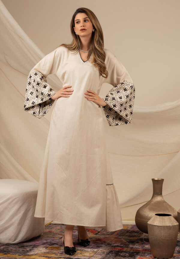 Linen Beige Kaftan with Black Zeej Sleeve