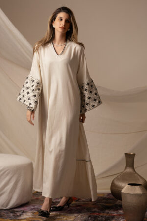 Linen Beige Kaftan with Black Zeej Sleeve