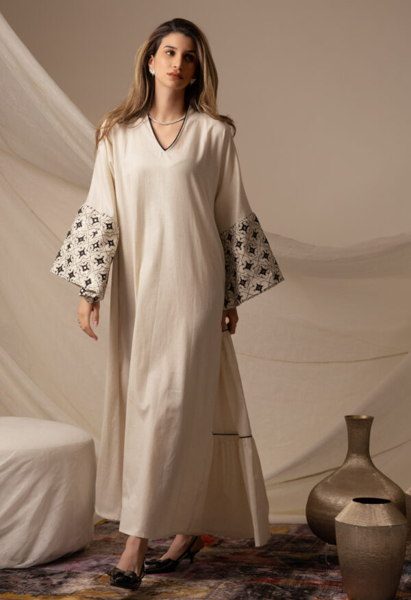 Linen Beige Kaftan with Black Zeej Sleeve