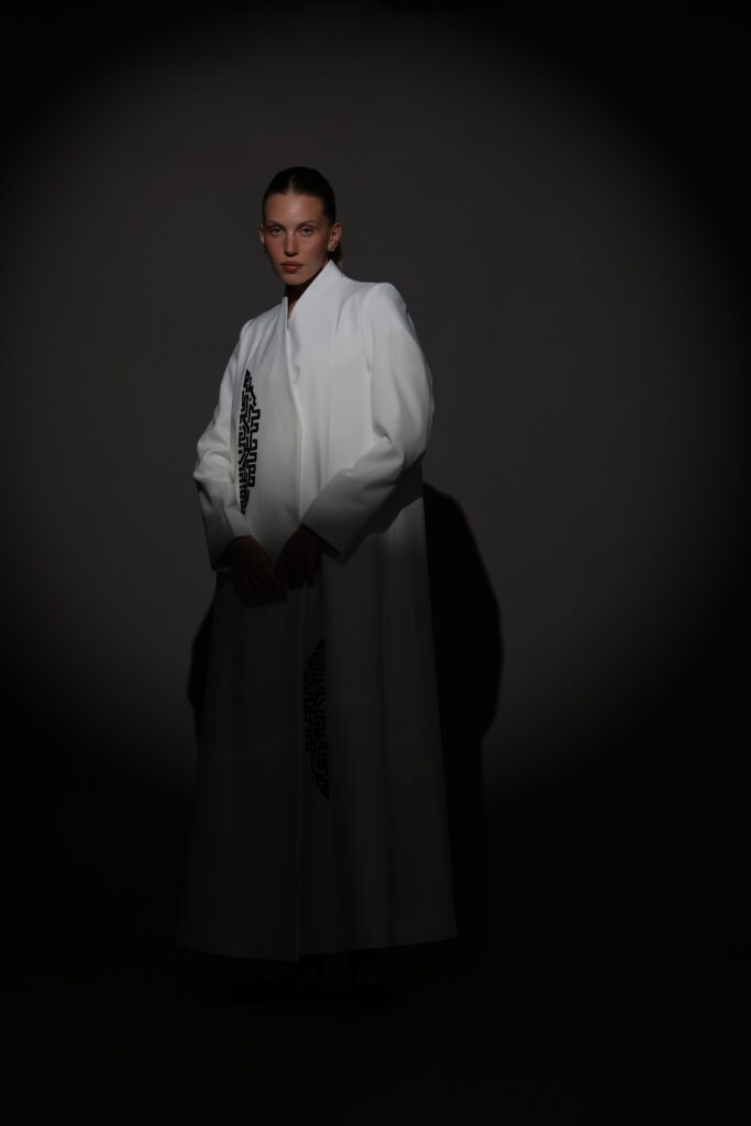 White Crepe Blazer with Black Embroidery