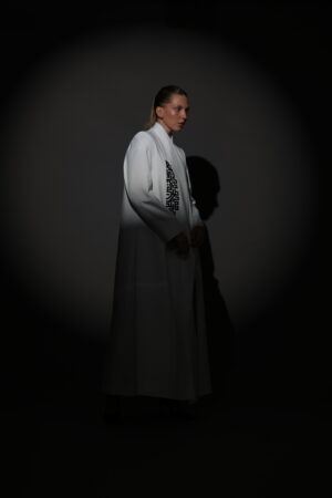 White Crepe Blazer with Black Embroidery - Image 2