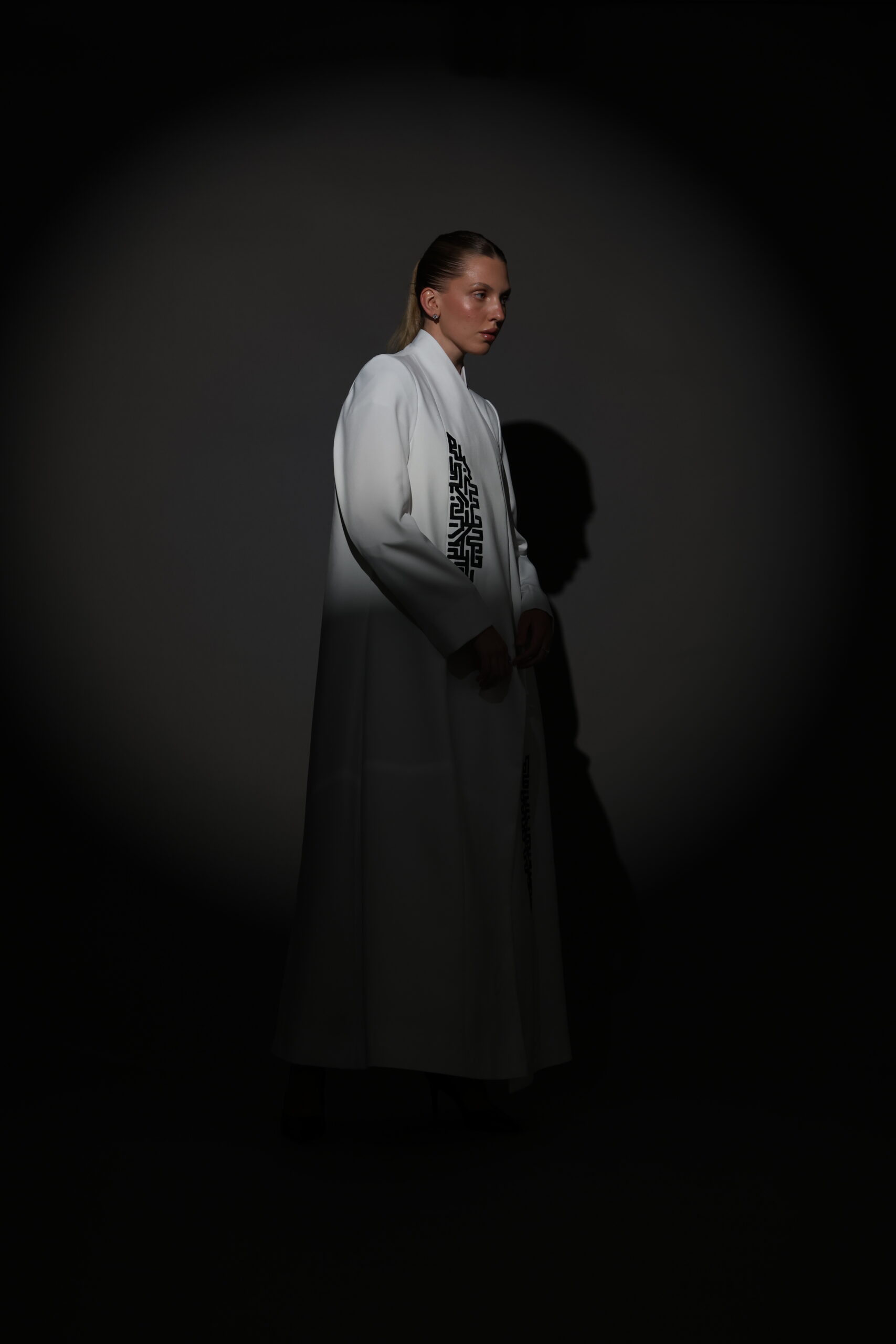 White Crepe Blazer with Black Embroidery - Image 2