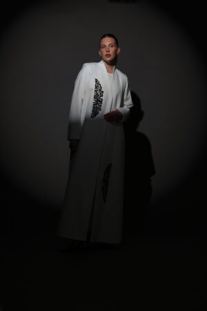 White Crepe Blazer with Black Embroidery