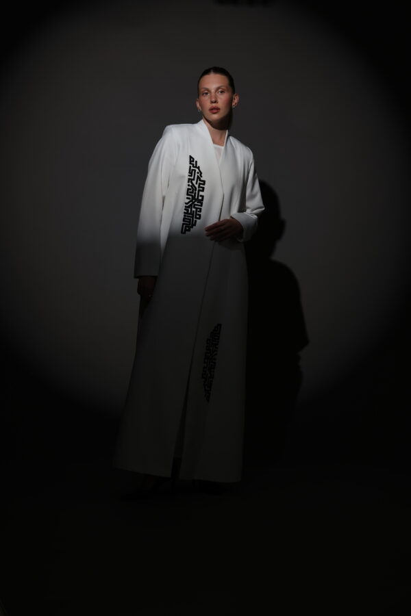 White Crepe Blazer with Black Embroidery