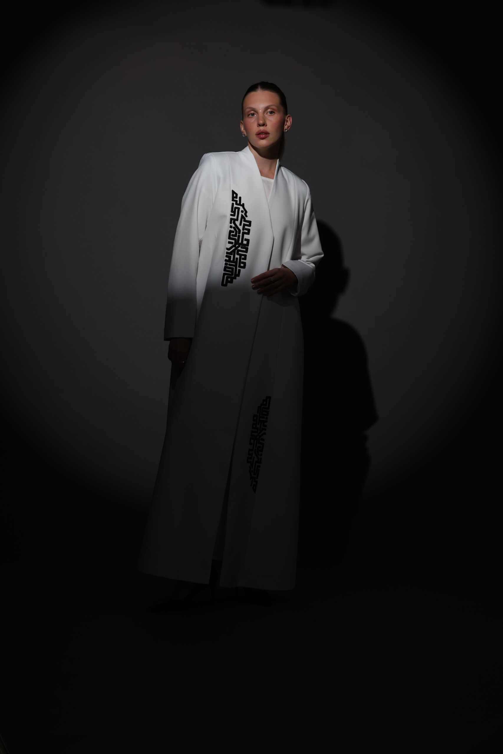 White Crepe Blazer with Black Embroidery - Image 1