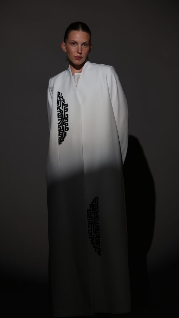 White Crepe Blazer with Black Embroidery