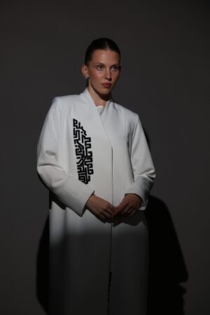 White Crepe Blazer with Black Embroidery - Image 3