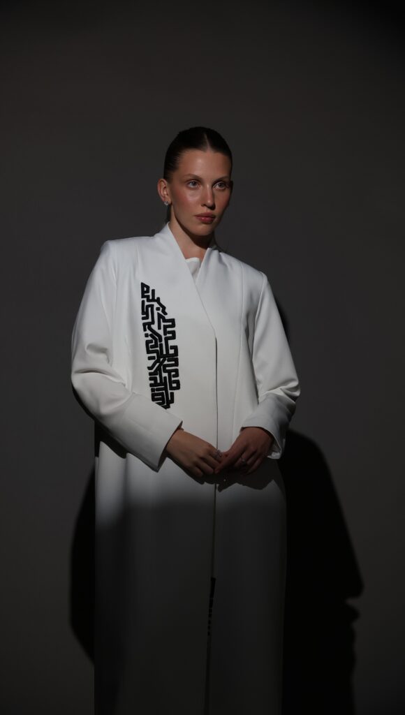White Crepe Blazer with Black Embroidery