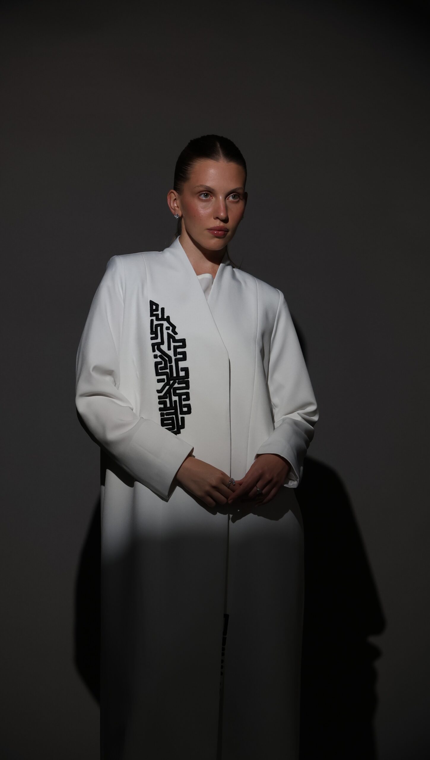 White Crepe Blazer with Black Embroidery - Image 3