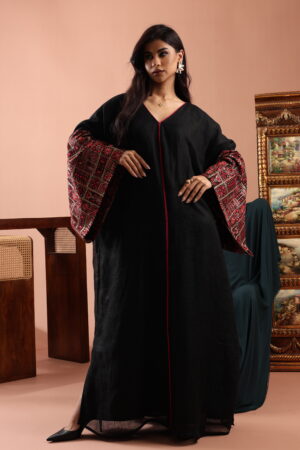 Black Linen Kaftan with Embellished Linen Sleeves - Image 1