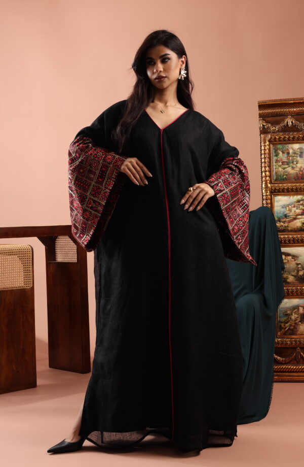 Black Linen Kaftan with Embellished Linen Sleeves