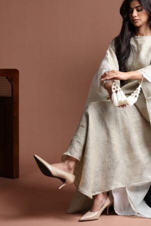 Reversible Gold and Grey Linen Kaftan with Tassels - Image 2