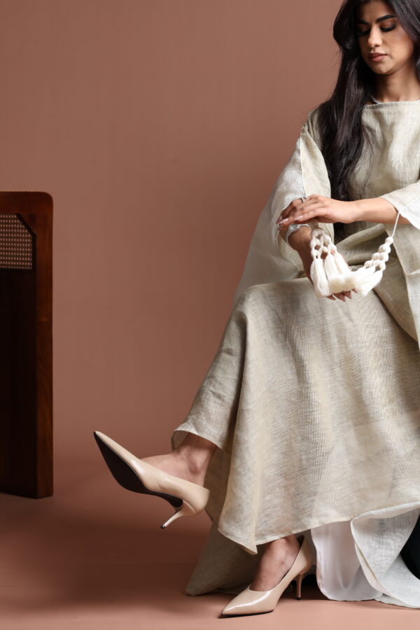 Reversible Gold and Grey Linen Kaftan with Tassels