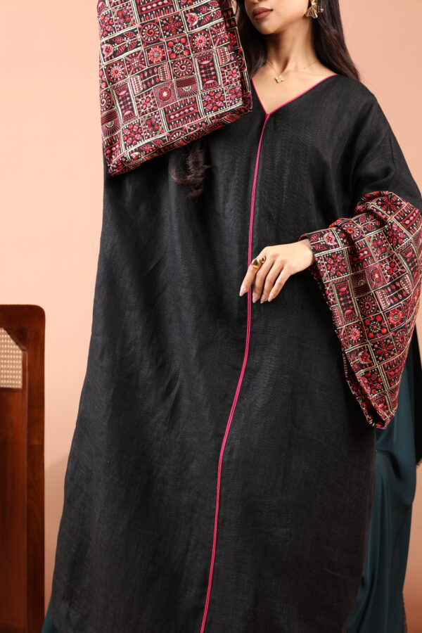 Black Linen Kaftan with Embellished Linen Sleeves