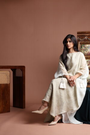 Reversible Gold and Grey Linen Kaftan with Tassels