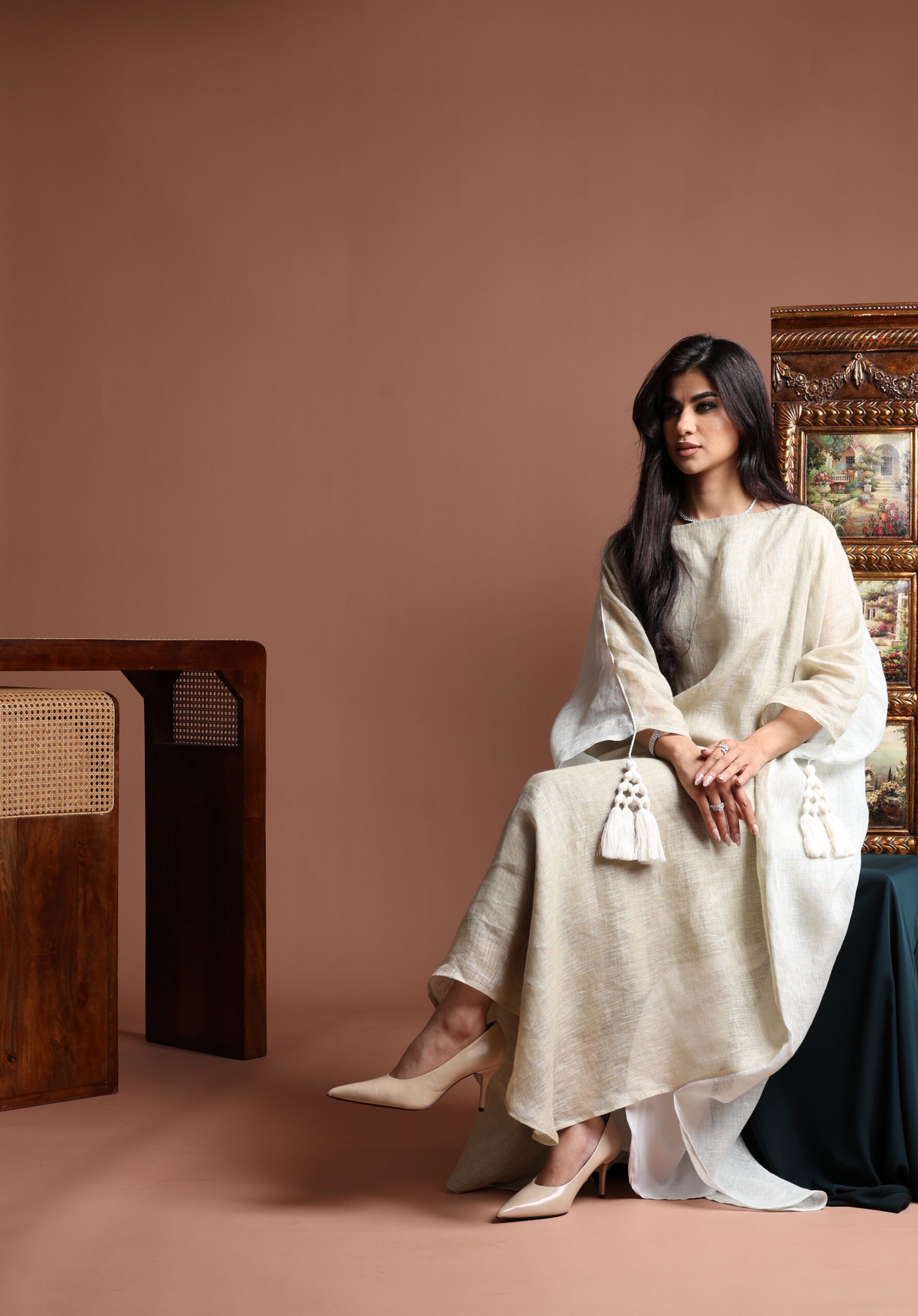 Reversible Gold and Grey Linen Kaftan with Tassels - Image 1