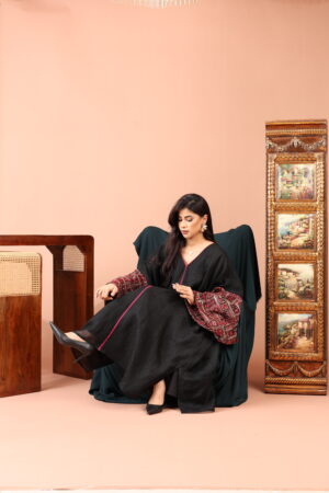 Black Linen Kaftan with Embellished Linen Sleeves - Image 2
